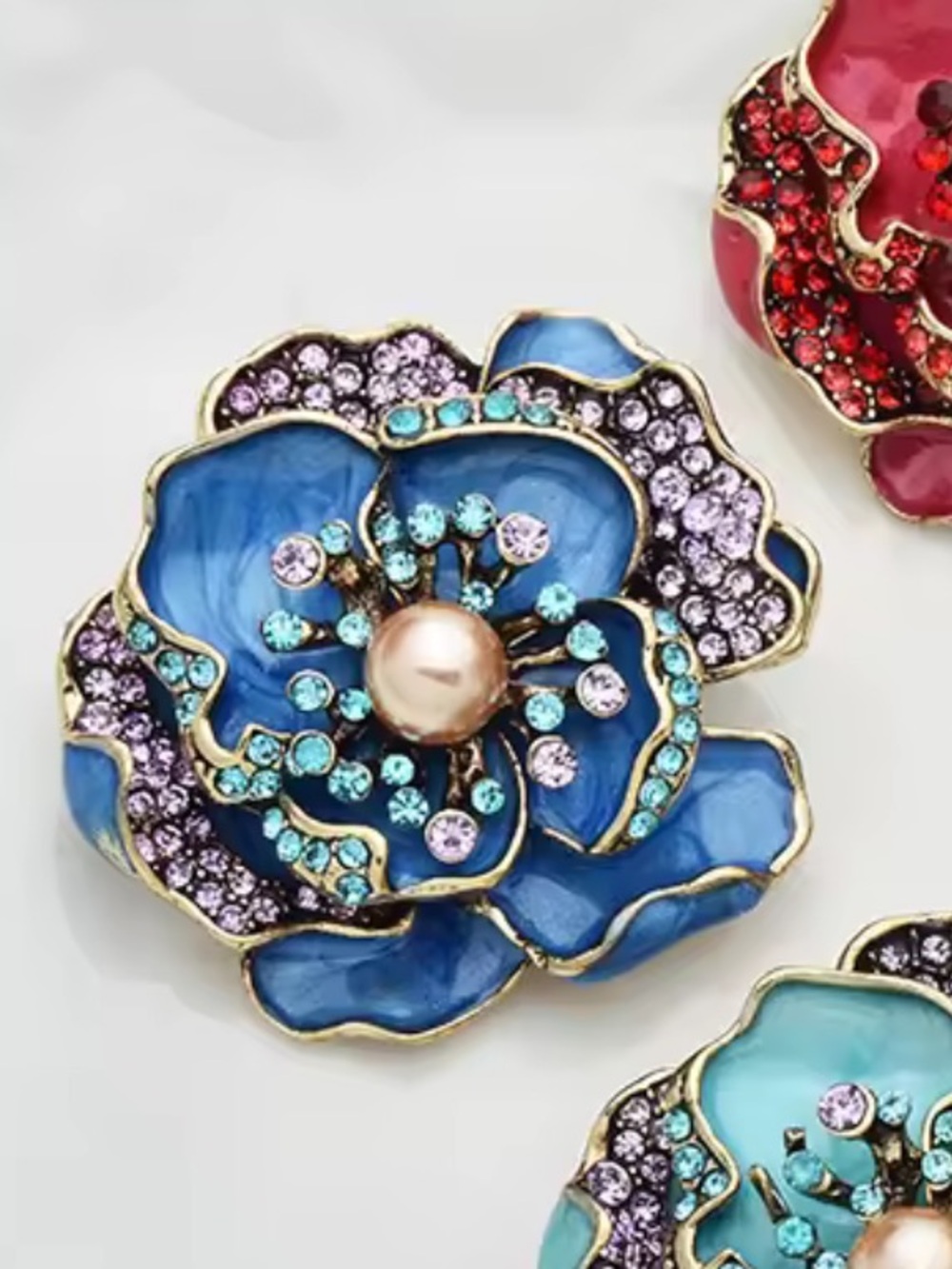 Anthropologie Blue Floral Crystal Brooch with Pearl Accent